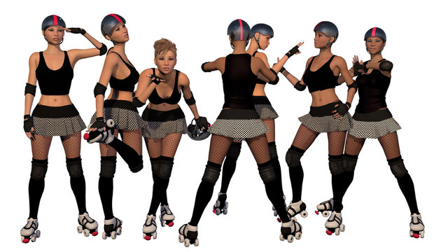 Roller Derby Girl Team With White Isolated Background