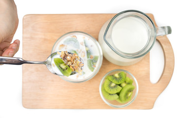 Breakfast, eating cereal, pick up spoon, scoop cereal with fresh