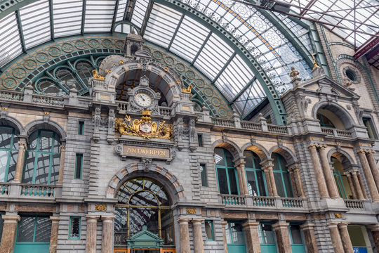 Main hall with clock of art deco station of Antwerp, Belgium