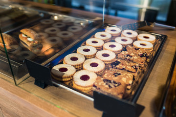 Desserts in bakery window