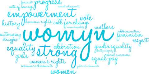 Womyn word cloud on a white background. Nonstandard spelling of the word women adopted by some feminists.