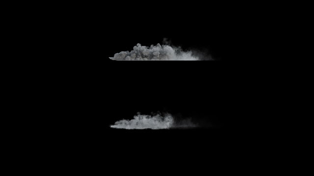 4k side view of dust or smoke trail behind car (uhd 3840x2160, ultra high definition, 1920x1080, 1080p) two different densities, soft and very dense, isolated on black background, with alpha