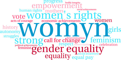 Womyn word cloud on a white background. Nonstandard spelling of the word women adopted by some feminists.