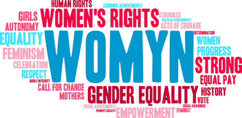 Womyn Word Cloud on a white background. Nonstandard spelling of women adopted by some feminists.
