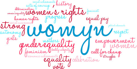 Womyn word cloud on a white background. Nonstandard spelling of the word women adopted by some feminists.
