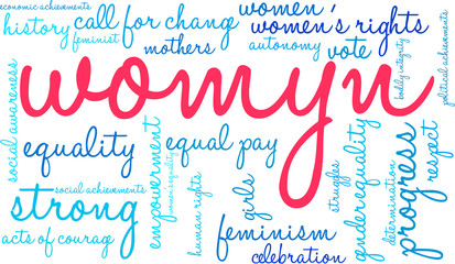 Womyn Word Cloud on a white background. Nonstandard spelling of women adopted by some feminists.