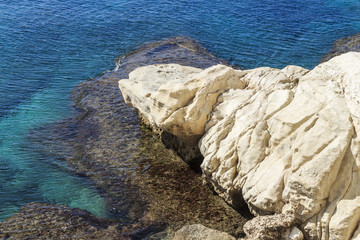 White rock in the blue sea. Israel, Rosh Hanikra.