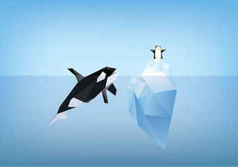 orca whale looking at penguin on tip of the  iceberg illustration - polygon © hanohiki