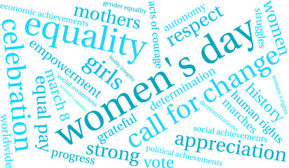 Women's Day word cloud on a white background. 