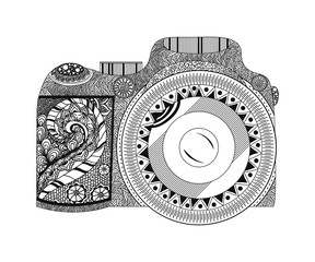 Vector monochrome coloring page with camera in hand drawn style isolated on white background with beautiful floral pattern inside. Vector - 103279106