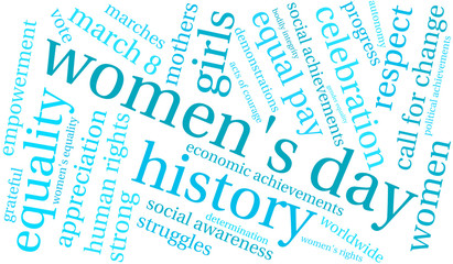 Women's Day word cloud on a white background. 