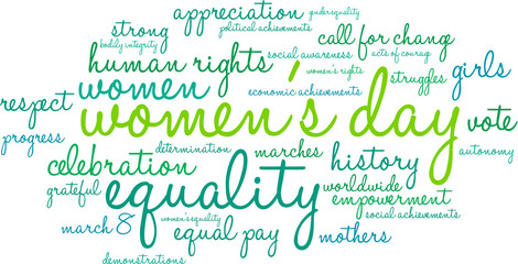 Women's Day word cloud on a white background. 