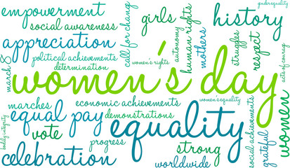 Women's Day Word Cloud on a white background. 