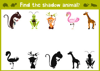 Fototapeta premium Cartoon Vector Illustration of Education Shadow Matching Game for Preschool Children find the shade for five animals. All images are isolated on a white background and can be moved. Vector