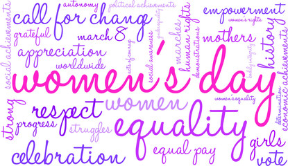 Women's Day word cloud on a white background. 