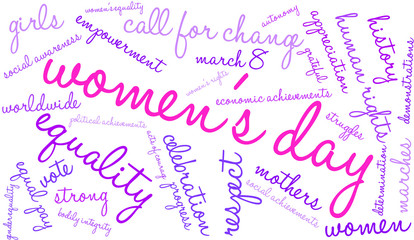 Women's Day Word Cloud on a white background. 