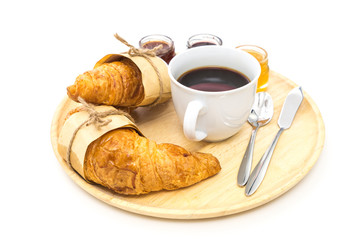 Breakfast, Breakfast set, tray of coffee, croissant, jams.