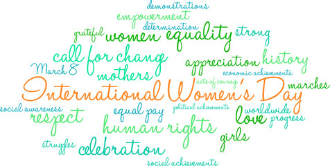 International Women's Day word cloud on a white background. 