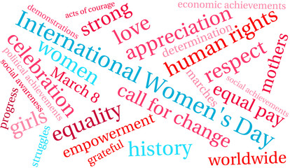 International Women's Day word cloud on a white background. 