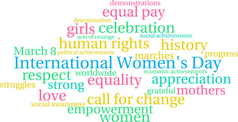 International Women's Day word cloud on a white background. 