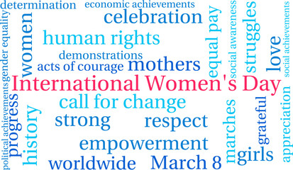 International Women's Day word cloud on a white background. 
