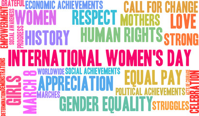 International Women's Day word cloud on a white background. 