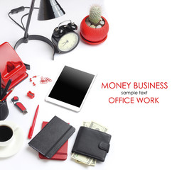 Office work tools tablet pencil notebook business concept
