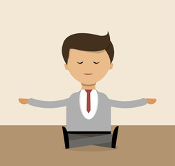 Business concept in flat design. Businessman doing yoga right in the office, meditation. Vector