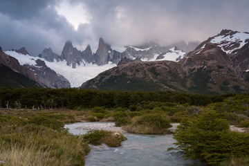 Naklejka na ściany i meble River flowing from the foot of Mount Fitzroy. Patagonia. Argentina.