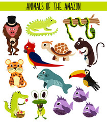 Set of Cute cartoon Animals and birds of the Amazon areas of South America isolated on white background. Jaguar, crocodile, piranha, Anaconda, Toucan,  parrot, turtle and iguana. Vector