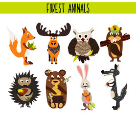 Cartoon Set of Cute Woodland and Forest Animals moose, owl, wolf, Fox, rabbit, beaver, bear, moose isolated on a white background. Vector