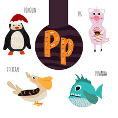Naklejka premium Fun animal letters of the alphabet for the development and learning of preschool children. Set of cute forest, domestic and marine animals with the letter p. Vector