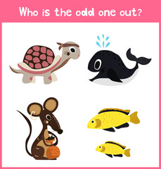 Children colorful educational cartoon game puzzle page for children's books and magazines on the theme extra find pet among Pets. Vector