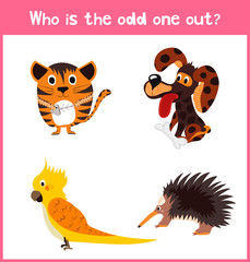 Children colorful educational cartoon game puzzle page for children's books and magazines on the theme extra find an animal among animals. Vector
