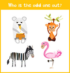 Fototapeta premium Children colorful educational cartoon game puzzle page for children's books and magazines on the theme find extra warm animal among the animals of the African jungle. Vector