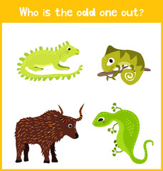 Children colorful educational cartoon game puzzle page for children's books and magazines on the theme of extra animal find cute among cold-blooded reptiles lizards. Vector