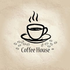 Coffe cup over old paper background Coffee house background. Cafe vintage poster or banner. 