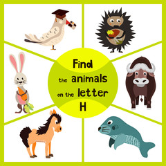 Funny learning maze game, find all of cute wild animals 3 the letter H, forest hedgehog and the hare, a horse farm home. Educational page for children. Vector
