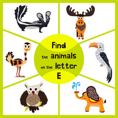 Funny learning maze game, find all 3 cute animals with the letter E, EMU, elephant, elk. Educational cranica for preschoolers. Vector