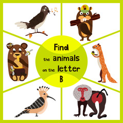 Funny learning maze game, find all of cute wild animals 3 the p-word, monkey, baboon, bear and beaver. Educational page for children. Vector
