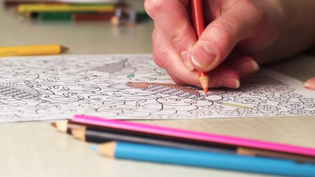 A girl holds a pencil and draws. Coloring for adults and children. For stress relief. top view