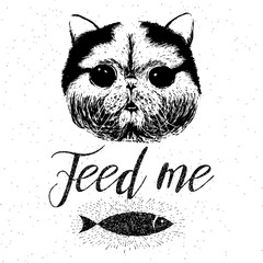 Feed me, vector hand drawn typographic poster with cute, friendly, smiling cat. Feed me  inspirational and motivational hipster style demanding phrase. Calligraphy lettering reminder for pet lovers.