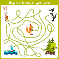Cartoon of Education will continue the logical way home of colourful animals. Bring the Bunny home in the wild forest by a wolf and a Fox. Matching Game for Preschool Children. Vector - 103282766