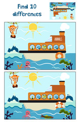 Cartoon of Education to find 10 differences in children's pictures, the boat floats with forest animals around the Antarctic and glaciers . Matching Game for Preschool Children. Vector