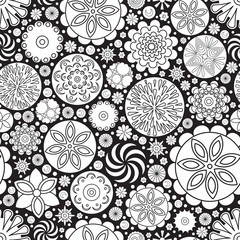Vector seamless monochrome floral pattern. Imitation of hand drawn flower doodle texture, decorative coloring book for grown up and adult. Endless drawing for stress relief. Zentangle.