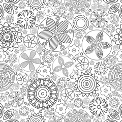 Vector seamless monochrome floral pattern. Imitation of hand drawn flower doodle texture, decorative coloring book for grown up and adult. Endless drawing for stress relief. Zentangle.