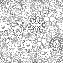 Seamless monochrome floral pattern. Imitation of hand drawn flower doodle texture, decorative coloring book for grown up and adult. Endless drawing for stress relief. Zentangle.