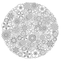 Circle floral ornament. Hand drawn art mandala. Imitation of ink