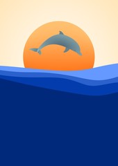 Summer landscape with blue surface of the sea with the waves with orange setting sun and dolphins leaping above sea level with an orange sky