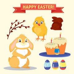 Happy Easter Set of Elements - Rabbit, Eggs, Chicken and Cake